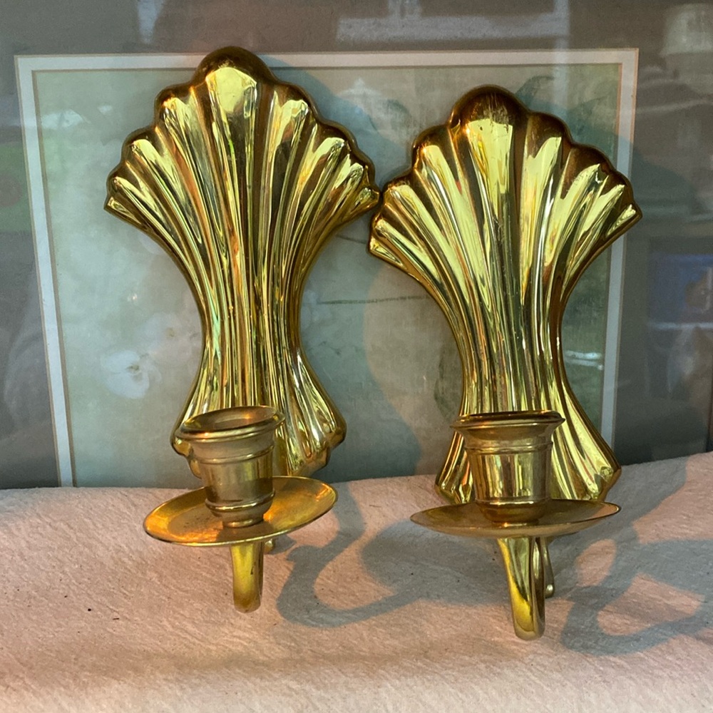 Vintage Brass Scalloped Shell Wall Candle Sconces